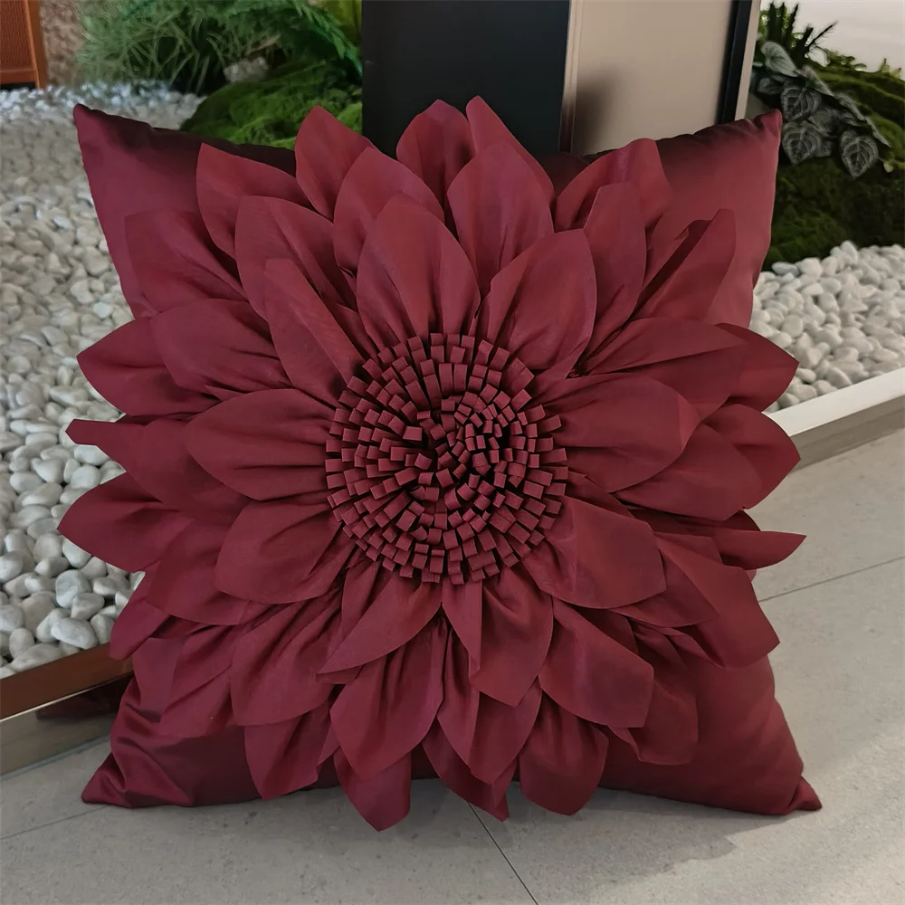 

Burgundy Decorative Cushion Covers For Sofa 3D Sunflower Pillow Cover Luxury Handmade Bed Couch Bohemia Wine Red Pillow Case