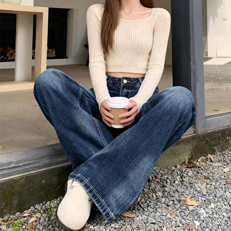 Otoño 2025 Y2K Dongdaemun Pantalones vaqueros lavados vintage para mujer Pantalones drapeados de pierna recta relajados hasta el suelo
