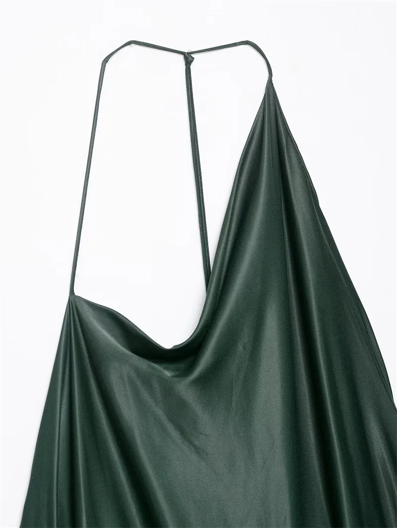 Women's Dark Green Asymmetrical Sleeveless Long Dress Summer Sexy Backless Fashion Slanted Collar Female Decorative Clothing