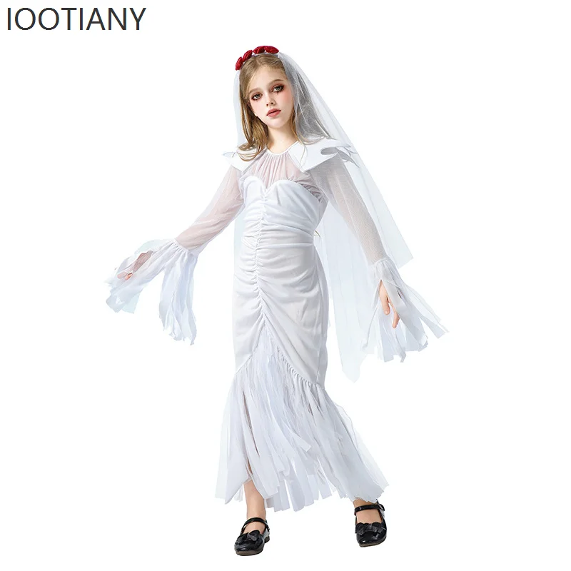 

Косплей Хэллоуин Детский костюм Призрак невесты Костюм ведьмы Косплей Забавное белое платье Карнавальная вечеринка Девушка Сценическое представление Co