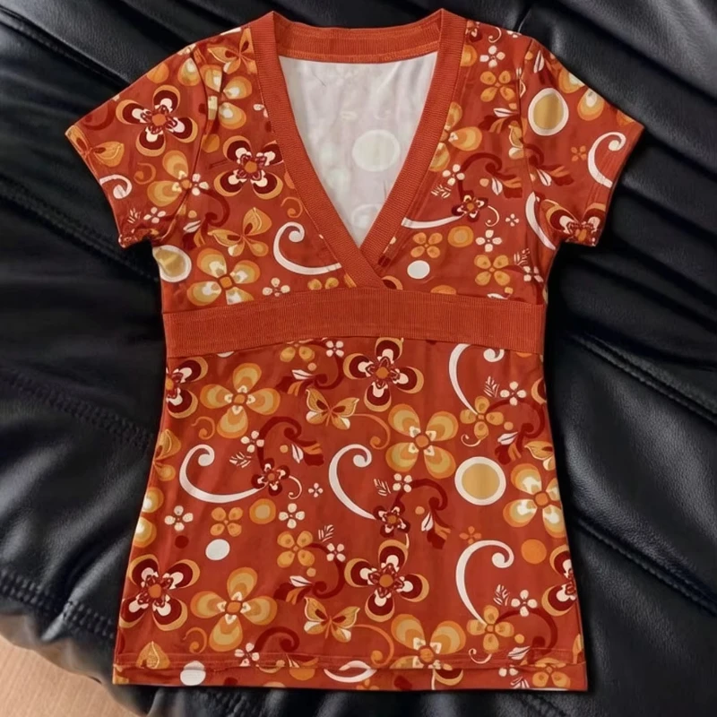 Ins Holiday Style Floral Print V-Neck Top Cap Sleeve Vintage Style Blouse 2026 Summer Individuality Waistband Women Vest Emo
