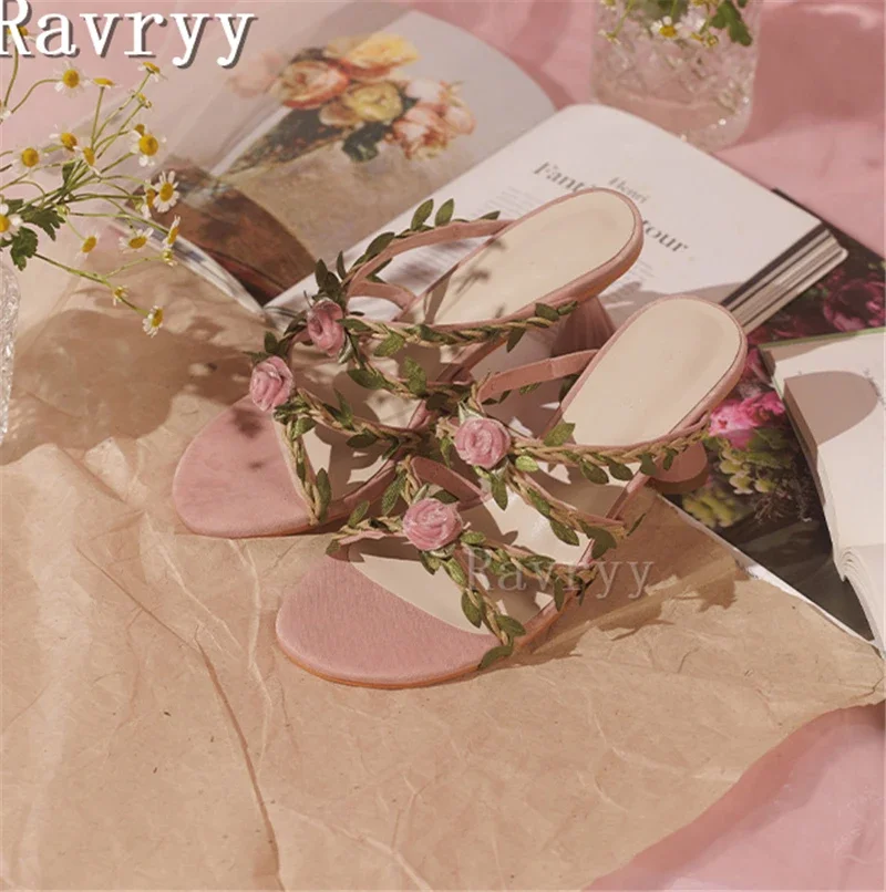 Pink Flower Vine Slippers Lovely Women Vacation Sandals Fairy Style Round Open Toe High Heel Party Wedding Shoes