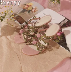 Pink Flower Vine Slippers Lovely Women Vacation Sandals Fairy Style Round Open Toe High Heel Party Wedding Shoes