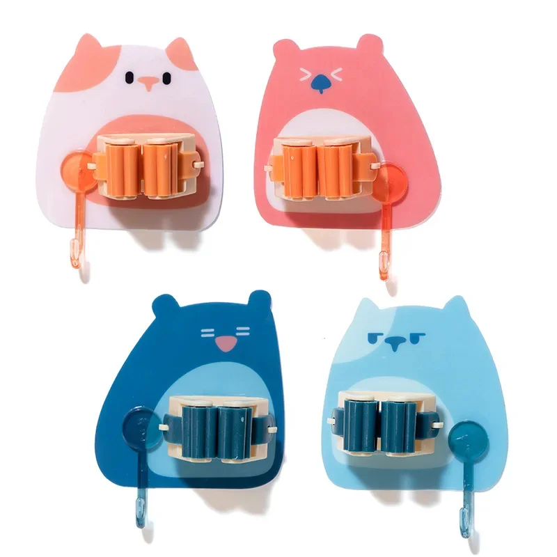 Wall Mounted Hooks Mop Organizer Holder Adhesive Cute Cat Multi-Purpose Room Hanger Strong Hooks Kitchen Bathroom Broom Clip