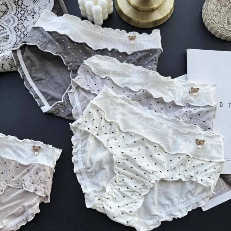 

Трусики с рисунком медведя и сердца, женские бесшовные милые трусики с низкой талией и рюшами, дышащие милые трусы для девочек, нижнее белье