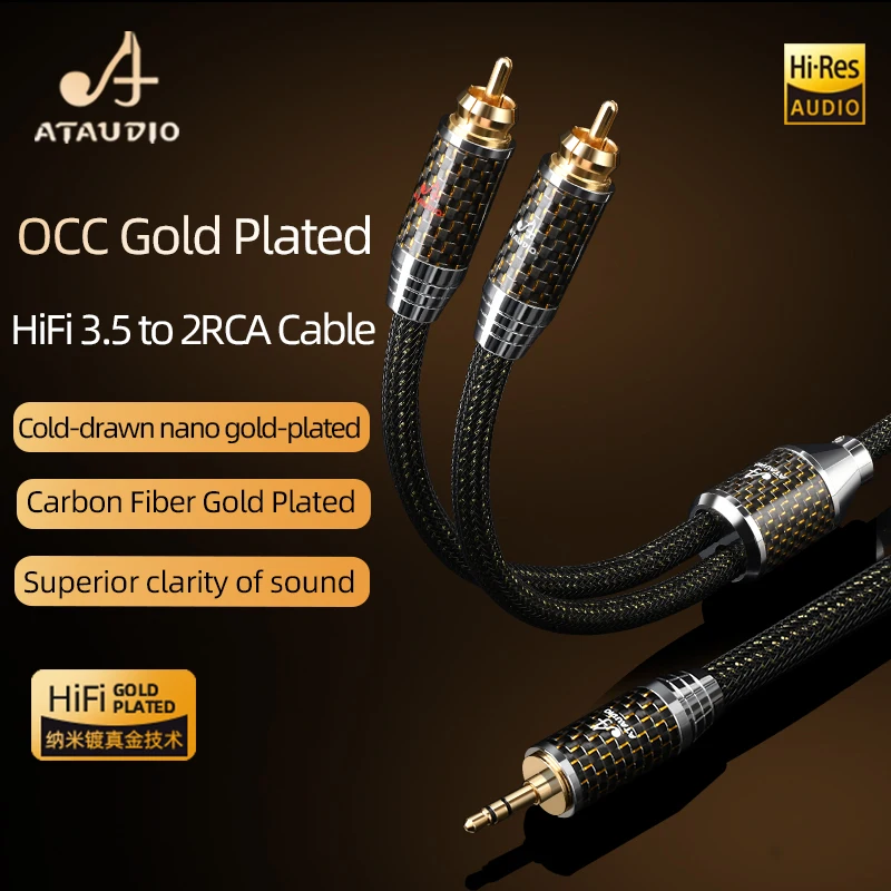 ATAUDIO HiFi 3.5 to 2RCA Audio Cable High Fidelity OCC Gold-plated 3.5mm to Dual RCA  Jack Cord for Phone HiFi Systems Amplifier