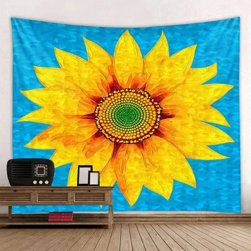 Sunflower retro art oil painting mandala tapestry hippie psychedelic bohemian living room bedroom decoration blanket 26Y0324