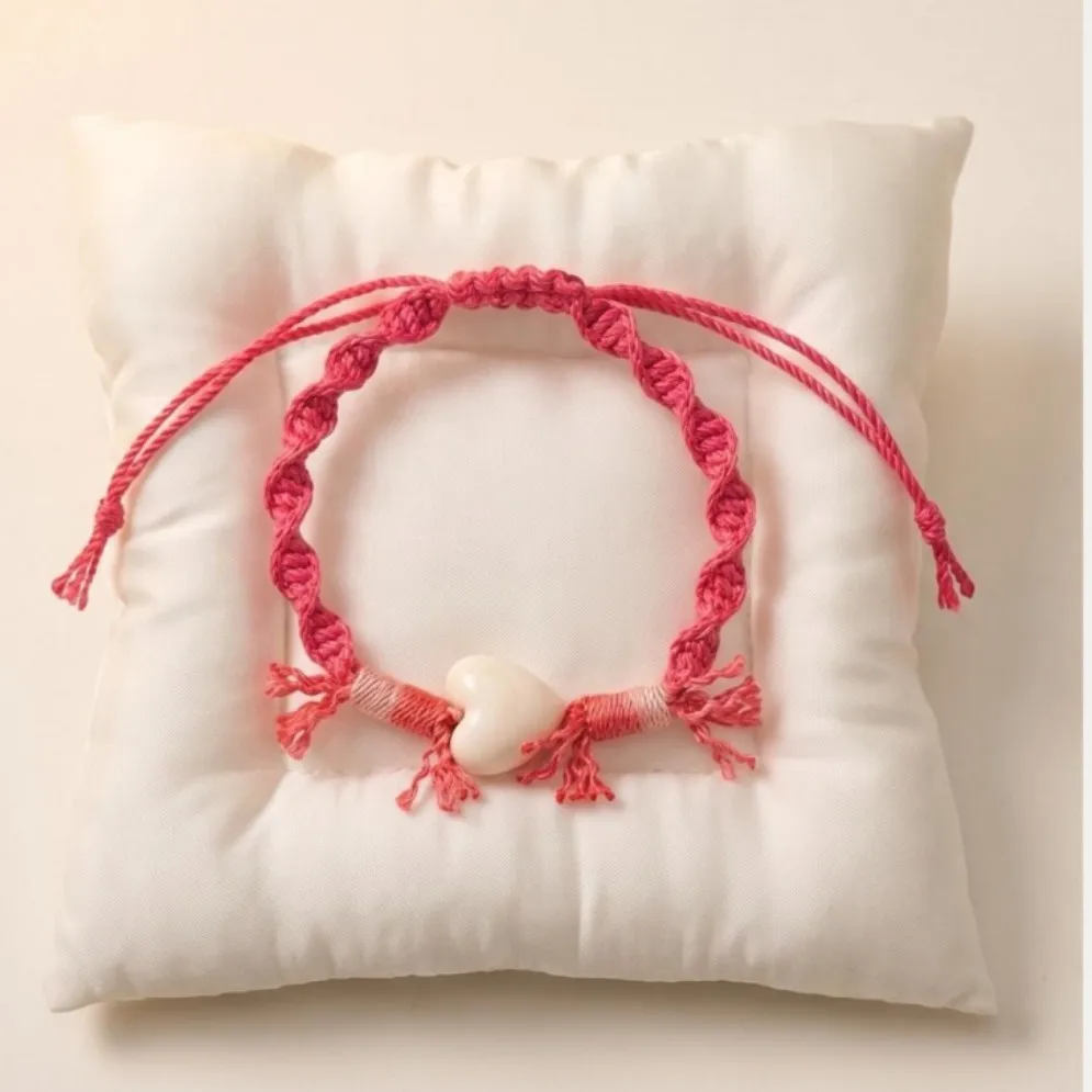 Chinese Style Handmade Braided Pink Rope Bracelet With White Heart Charm Lucky Blessing Auspicious Good Luck Adjustable Jewelry
