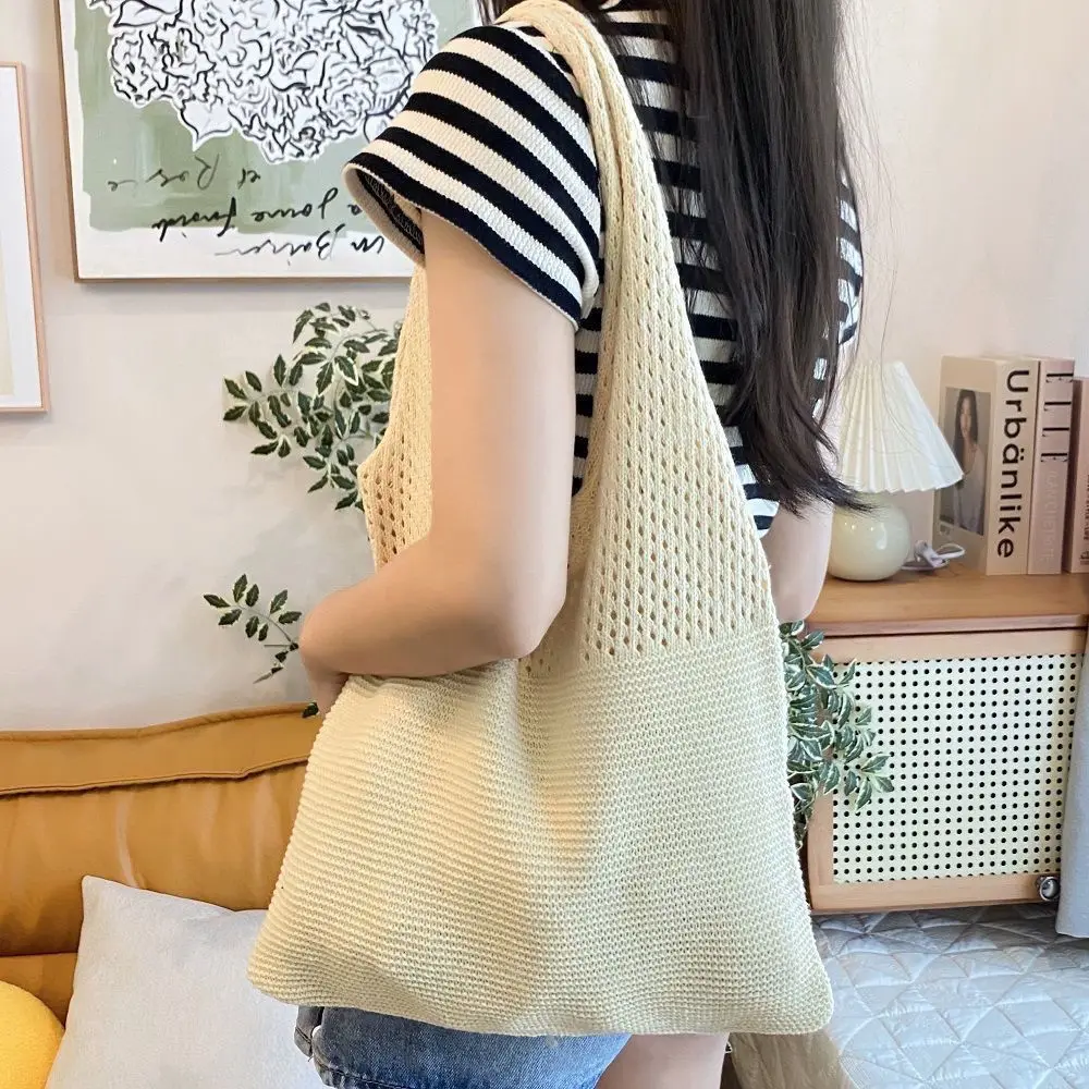 الرجعية جوفاء حمل محبوك النسيج الغزل حقيبة سعة كبيرة حقيبة كتف مفردة للنساء أسلوب البساطة