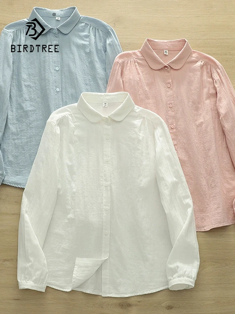 New 2026 Autumn Women Cotton Yarn Long Sleeve Shirt, Turn-down Collar Solid, Mori Girl Japan Style Soft Loose Blouse T6O661CC