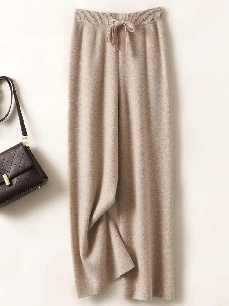 

Женские брюки из 100% мериносовой шерсти, вязаные, с эластичным поясом, осенне-зимние, широкие, повседневные, универсальные, в корейском стиле, из кашемира