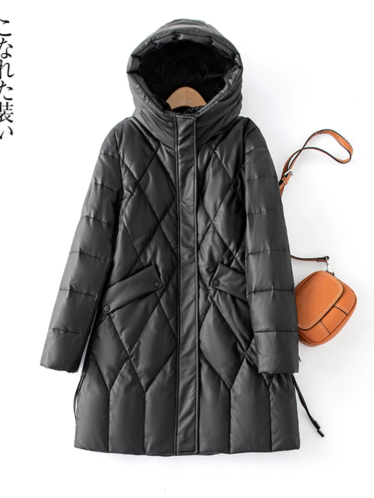 

Haining Genuine Leather down Jaet Women's Mid-Length Thiened Winter New Large Size eepskin Bla Leather Coat