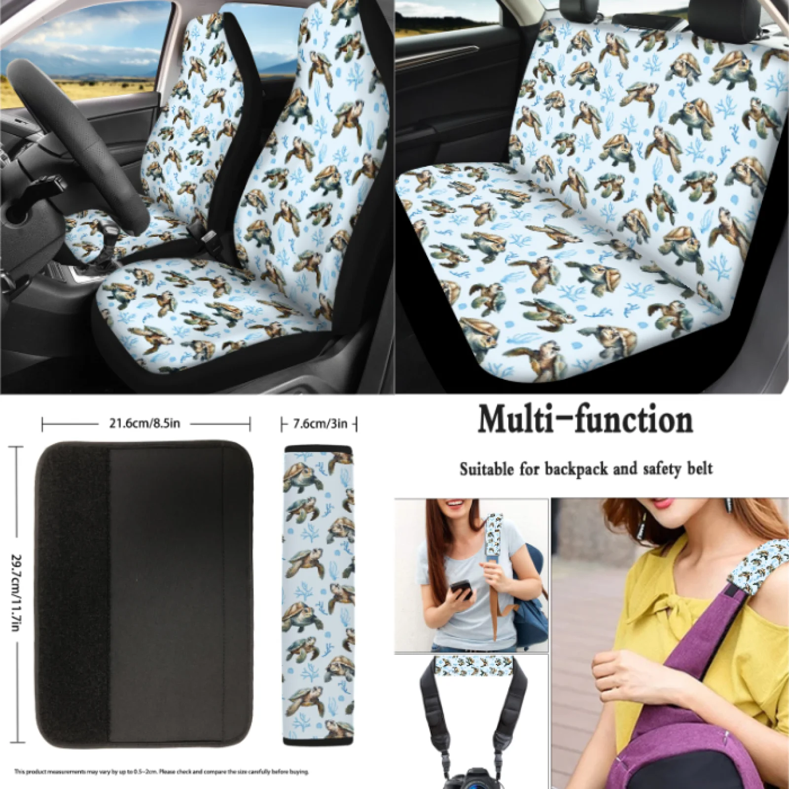 Coloranimal Sea Turtle 15 PCS with Washable Car Rear View Mirror Cover and Key Pendant for Car Interior