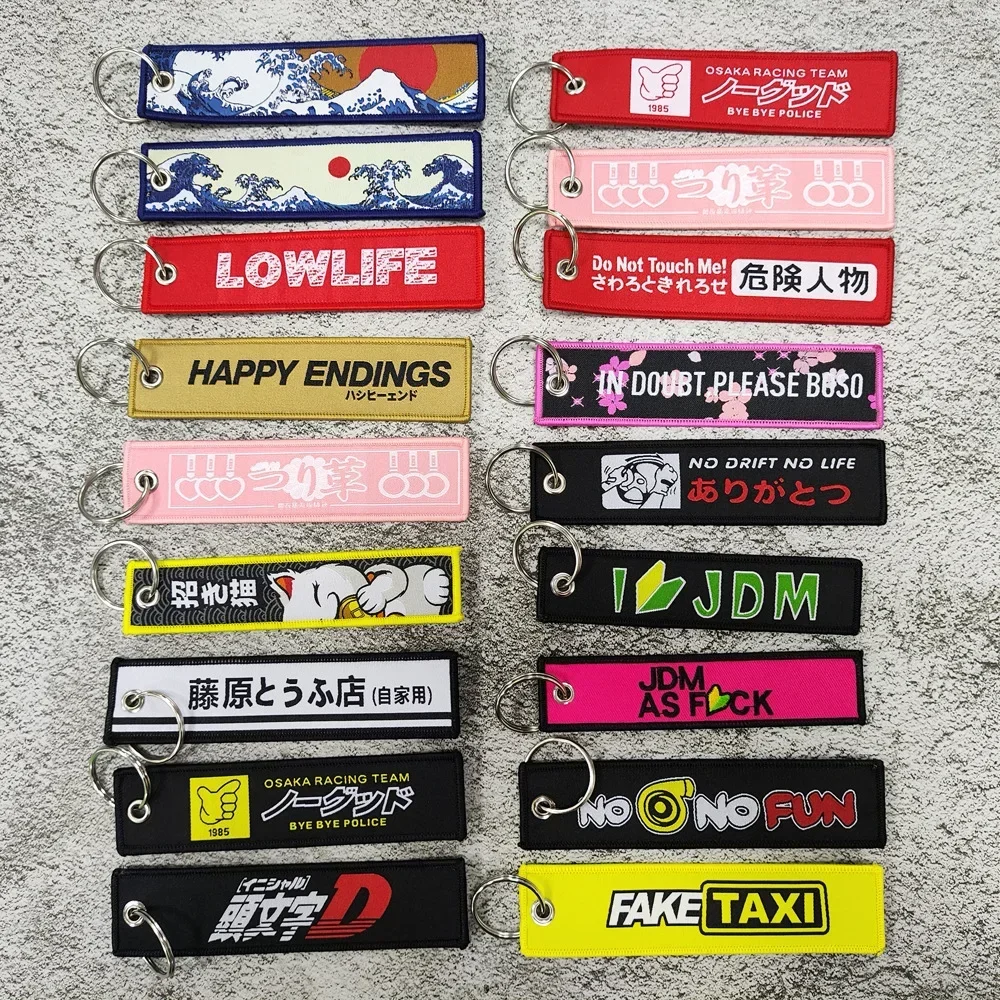 Hot JDM Keychain Car Culture Style Fashion Tags Embroidered Short Cloth Rectangle Polyester Auto Holder Charm Key Ring Osaka JDM