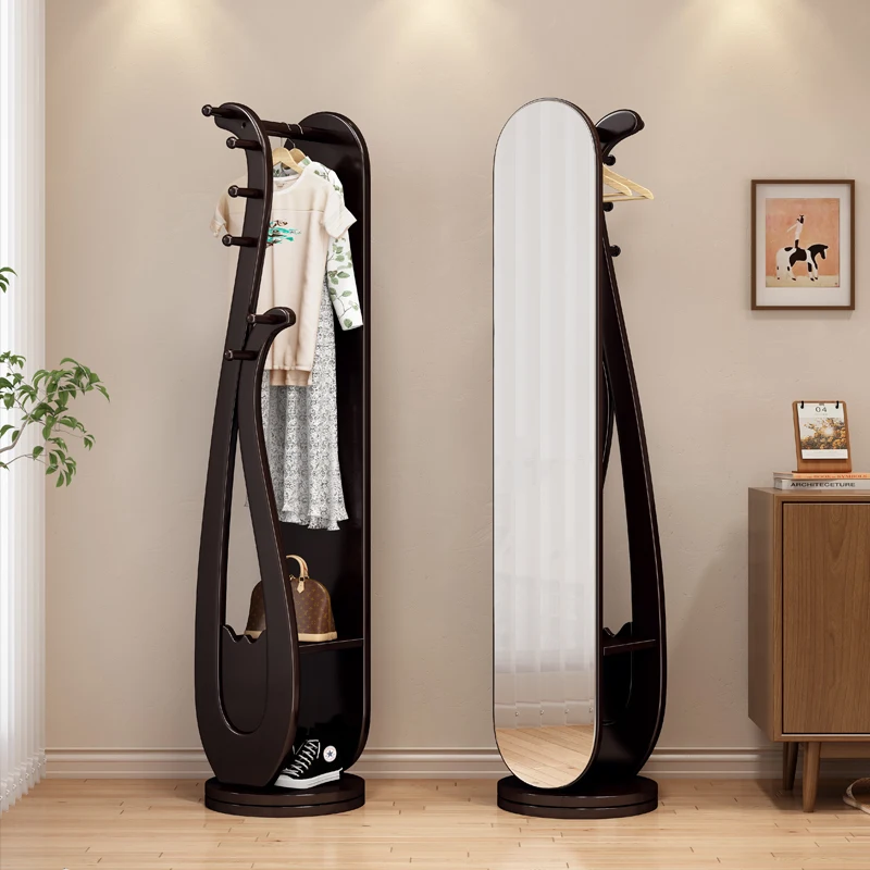 Household hanger integrated solid wood rotating floor mirror Chinese fitting mirror bedroom coat rack