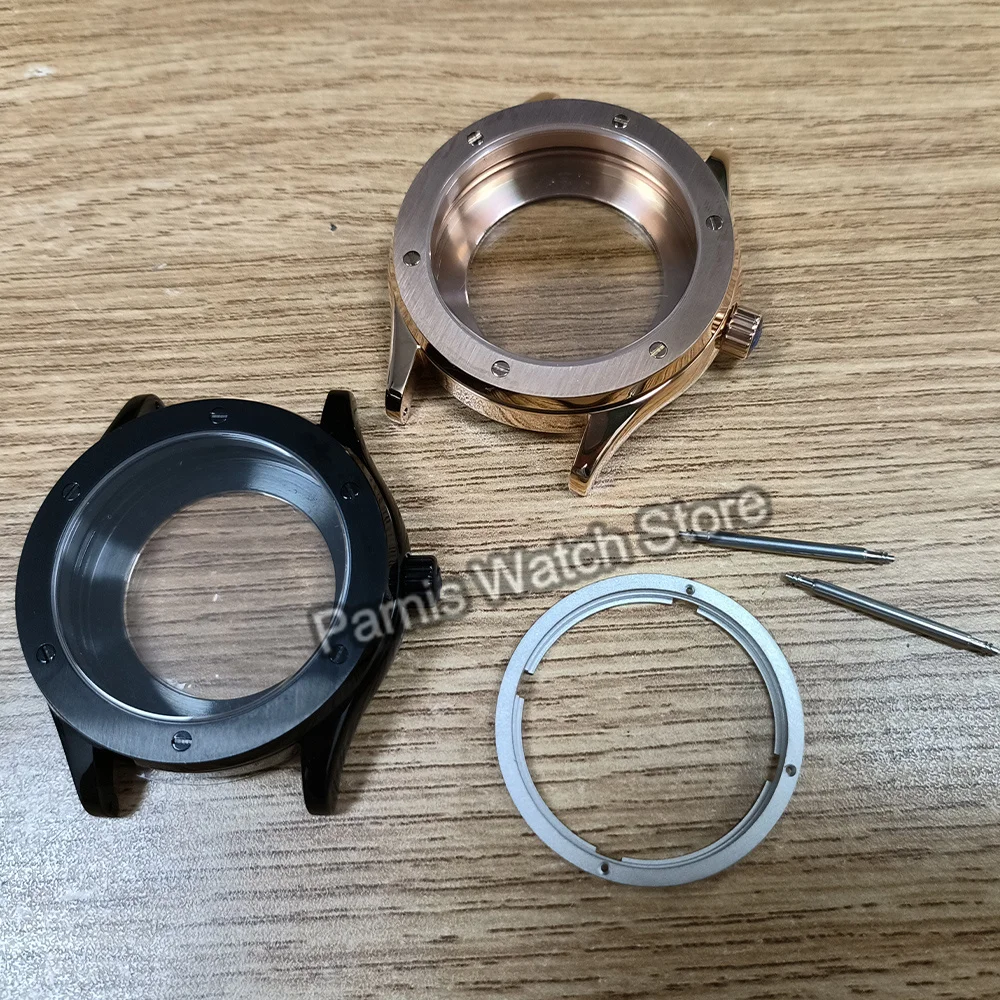 Parnis 44mm cristal de safira aço inoxidável 5ATM caixa de relógio de pulso adequada para movimento automático Japão NH35