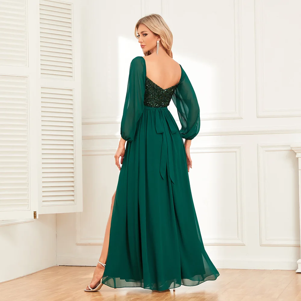 Women Strapless Dark Green Long Sleeved Evening Dresses Sequin Chiffon Free Wear Square Neck Party Gown Elegant Formal Dress