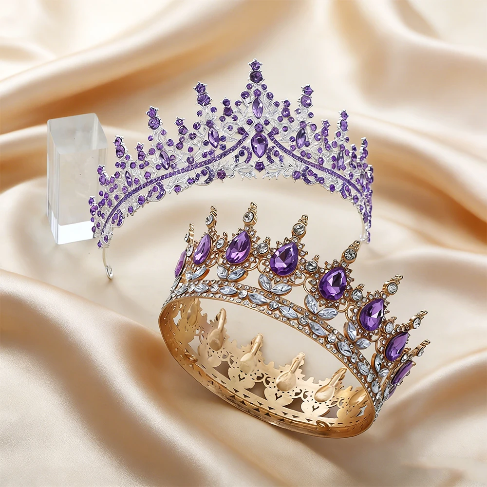 2Pcs Luxury Purple Amethyst Baroque Crown Set Tiara Gold Full Round Crown Clear Rhinestones Regal Bridal Headwear Weddings Proms