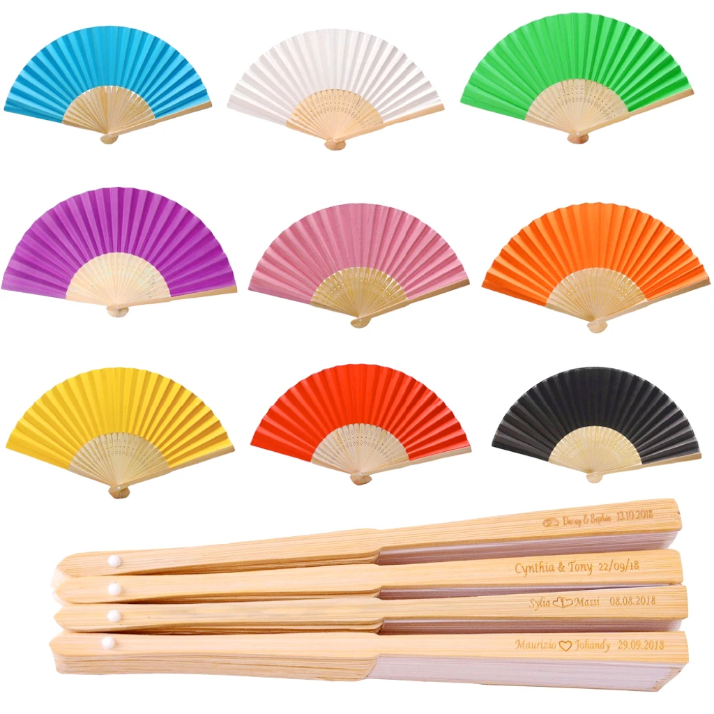 Personalizado Wedding Hand Fan, Handmade Silk Bamboo Fan, cores misturadas, presentes personalizados, casamento e festa, 20 PCs, 80 PCs