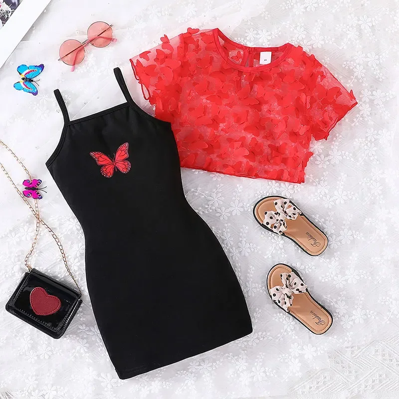 Clothes Set For Kid Girl 4-7 Years old Butterfly Embroidery Mesh Short Sleeve Top Suspenders Skirt Princess Dresses For Baby