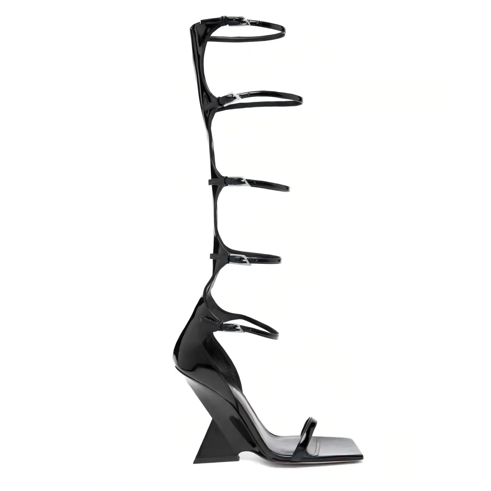 Women's Black Leather Gladiator Wedge Sandals Multi-Strap Buckle Square Toe Edgy Fashion Statement Heels  Party