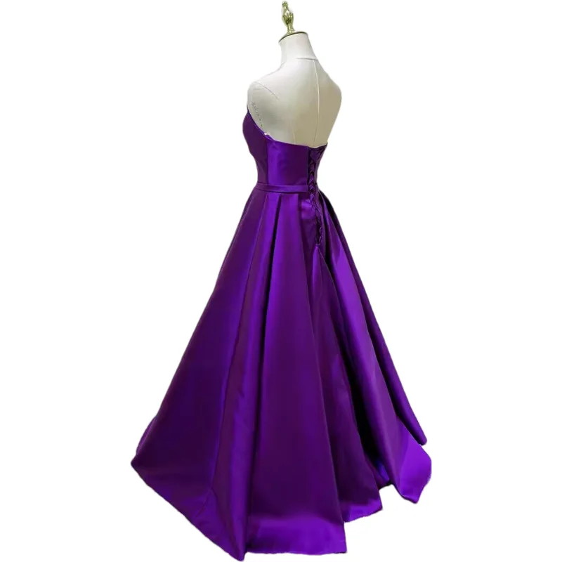 Customized Women's Strapless Simple Satin A Line Evening Party Formal Gown Corset Pleat Sweetheart Long Prom Dresses with Pocket