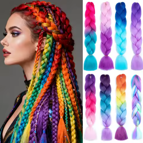 24Inch Synthetic Long Straight Yaki Braids Hair Ombre Braiding Hair Jumbo Rainbow Braid Hair Extension for Women DIY Hair