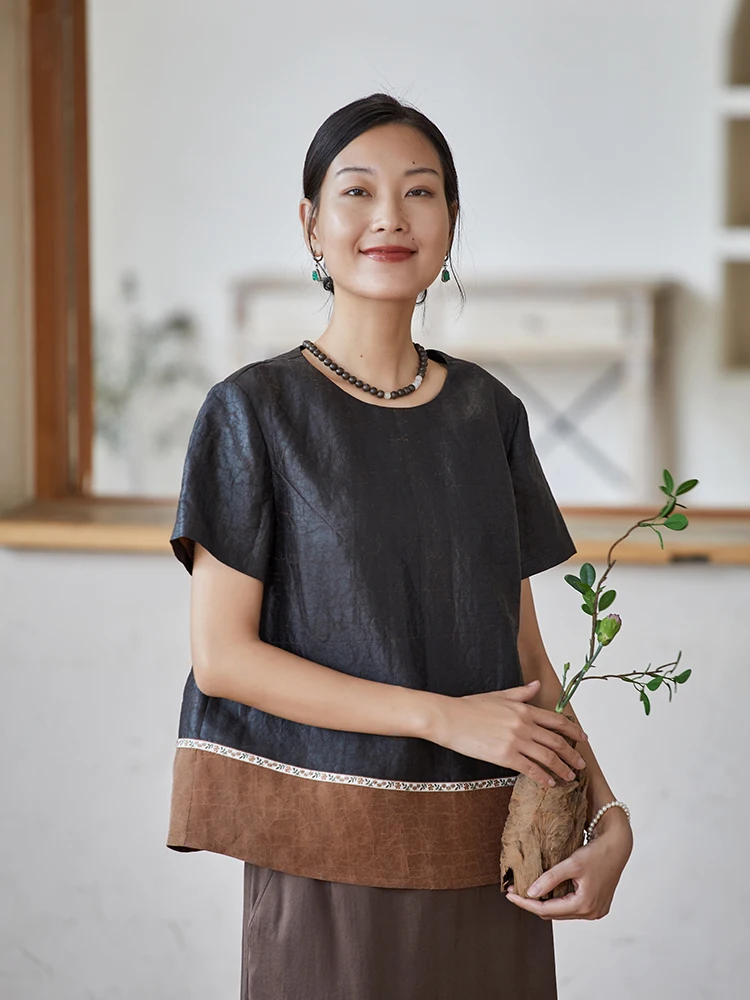 

Ele Chinese Sle Women's irt Patchwork Lace Trim Silk Geometric Patterned Xiangyun Silk Loose Fit ort Sve round Ne