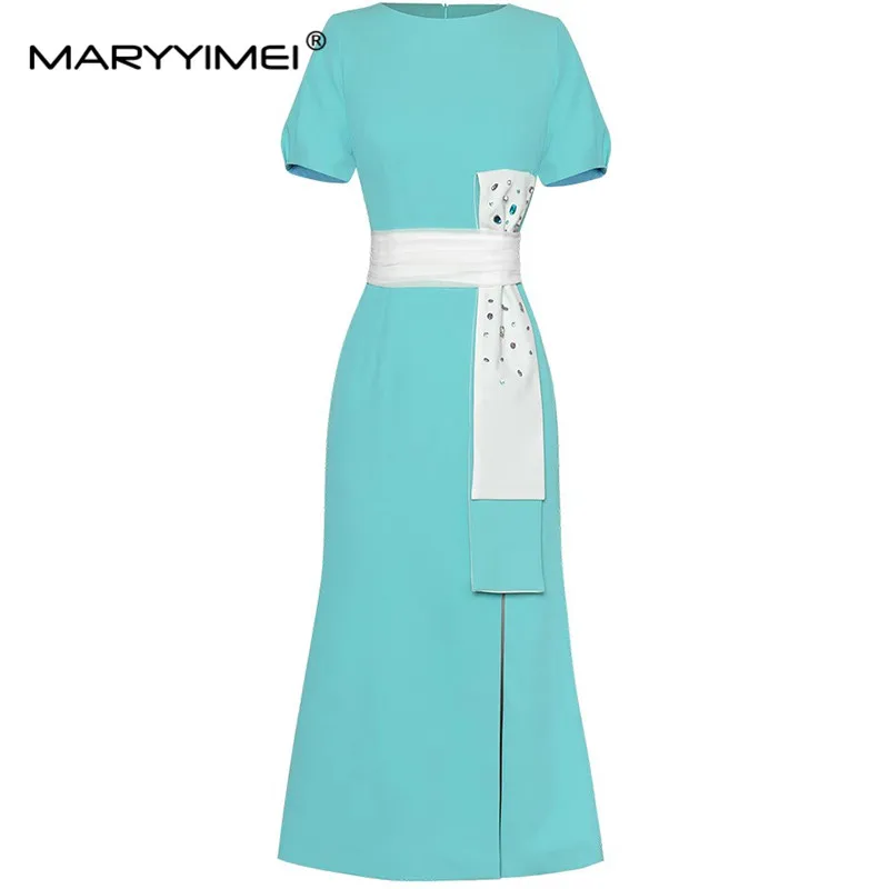 MARYYIMEI Fashion Women\'s New High Quality Short-Sleeved Pleated Patchwork Studded Diamond Elegant Split Hip Wrap MIDI Derss