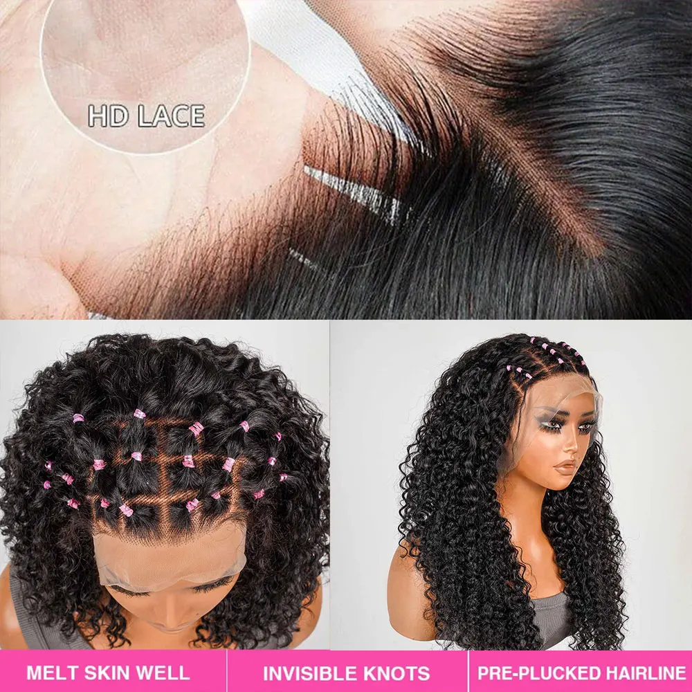 200% Плотность 13x4 HD Кружевной фронтальный парик Предварительно выщипанные Предварительно отбеленные Предварительно вырезанные вьющиеся волнистые парики с косой Натуральный черный цвет человеческих волос