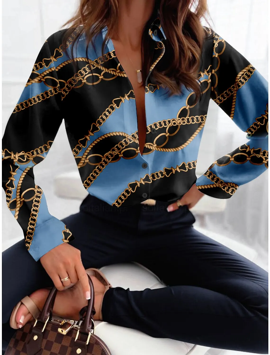 

Simple Women's Shirt 3D Chain Fashion Lapel Long Sleeve Autumn Long Sleeve Loose Street Women's Casual T-shirt Ladies