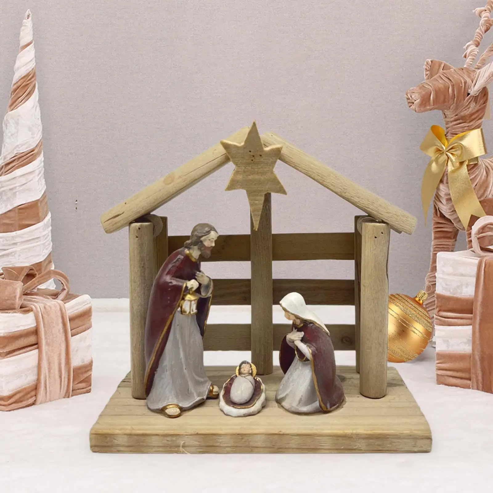 Xmas Nativity Scene Statue Christmas Manger Craft Unique Collectible Jesus Birth Figurine Desktop Ornament for Living Room