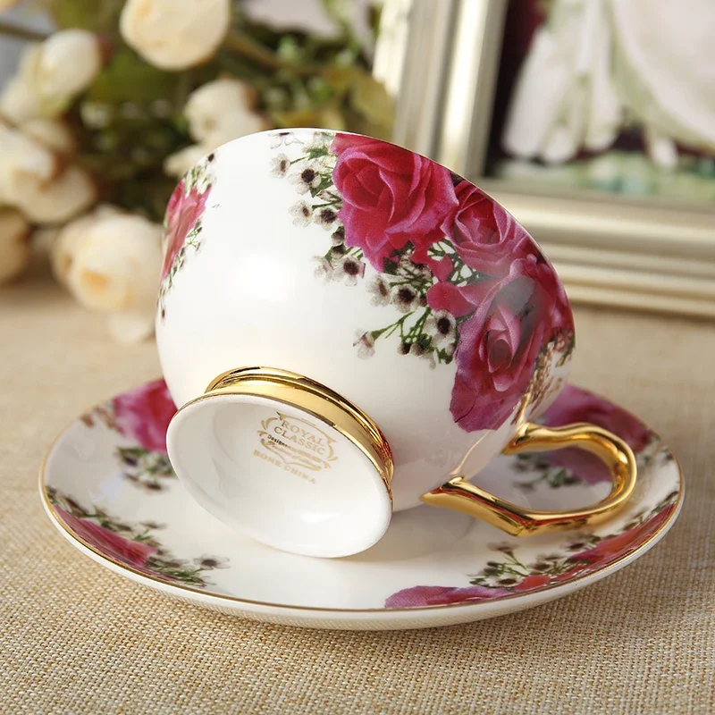 Pastoral Rose Bone China Tea Cup Saucer Spoon Set 200ml Europe Advanced Porcelain Coffee British Ceramic Teacup Dropshipping