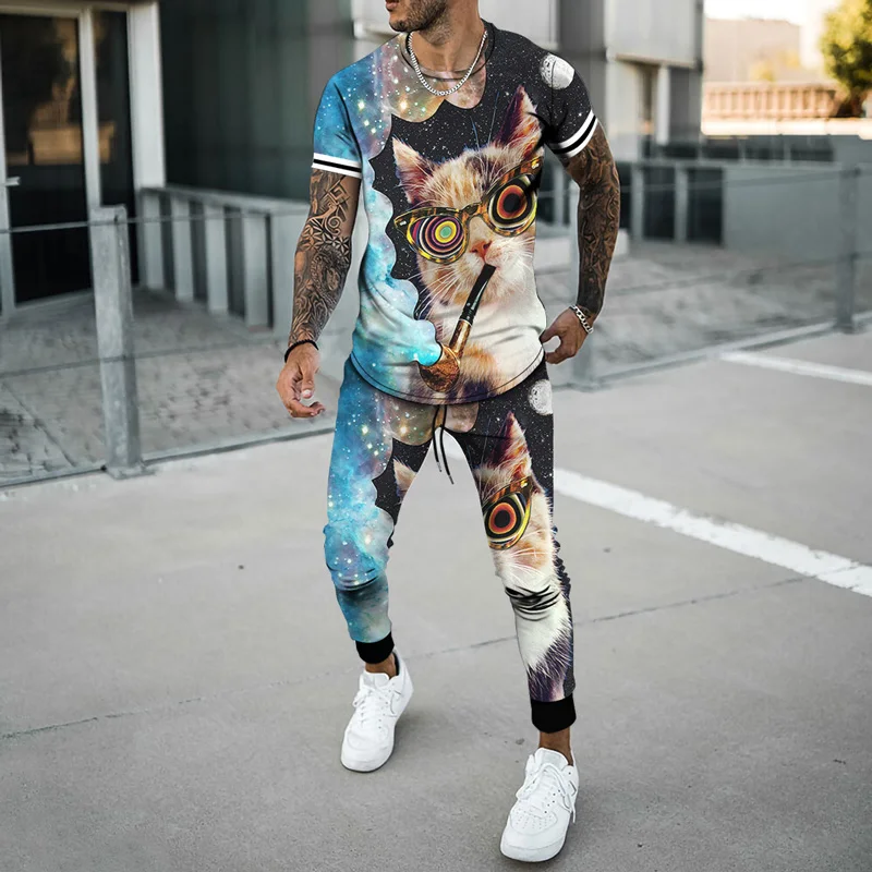 Summer 3D Printing Lion Graphics  Casual Brand Fitness Jogger T-Shirt ＋Long Pants Hot-Selling Fashicon Suit Men's Tracksuit