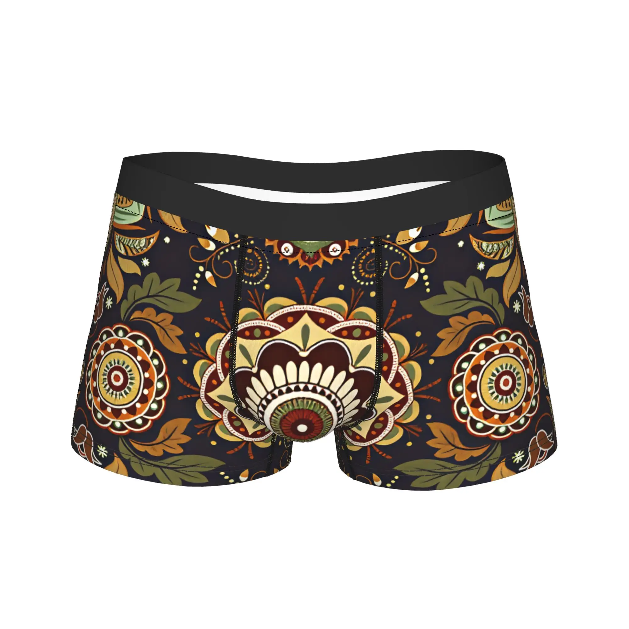 Navy Golden Boho Paisley Floral Boxer Brief  Underwear Quality Man Breathable Trunk Customs Plus Size Underpants