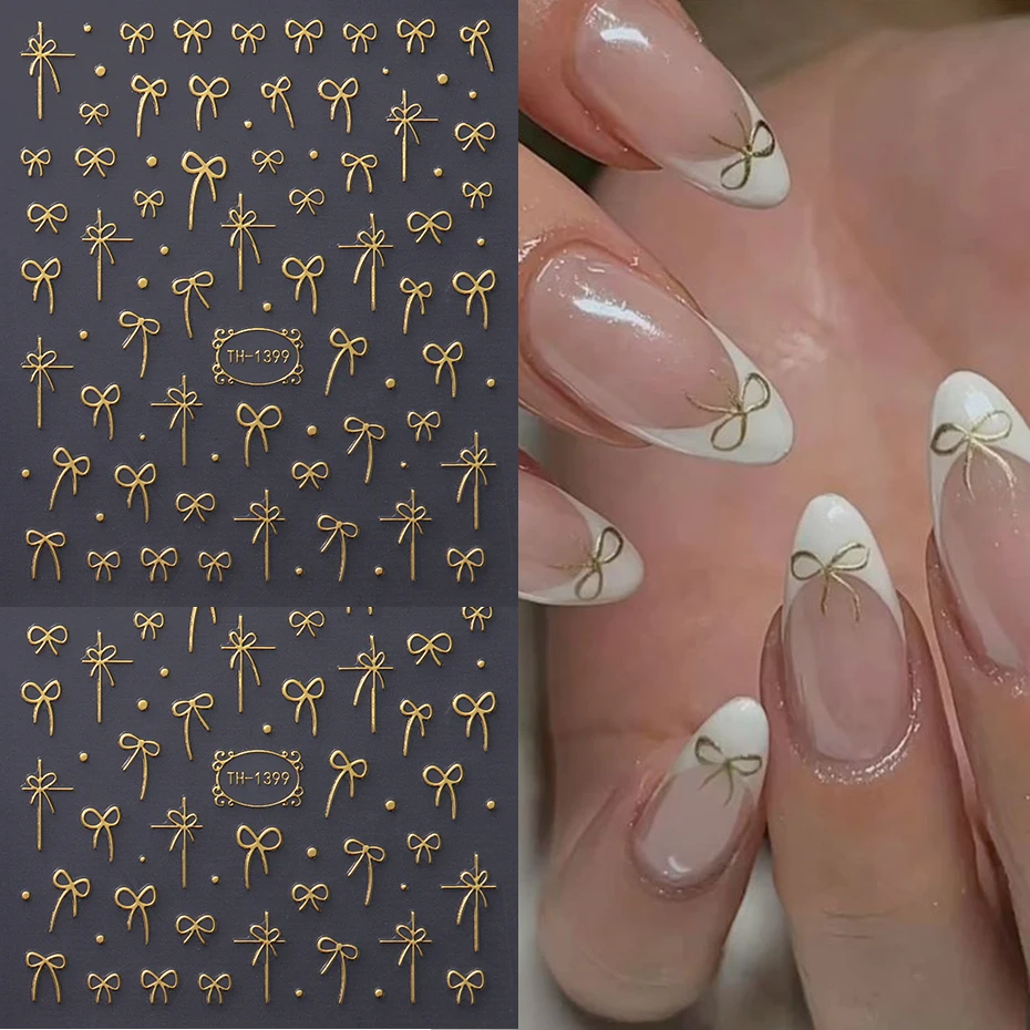 2pcs Golden Ribbon Bow Nail Art Stickers Charms Nail Decal Sticker Adhesive Sliders Nail Art Decorations Manicure Accessories