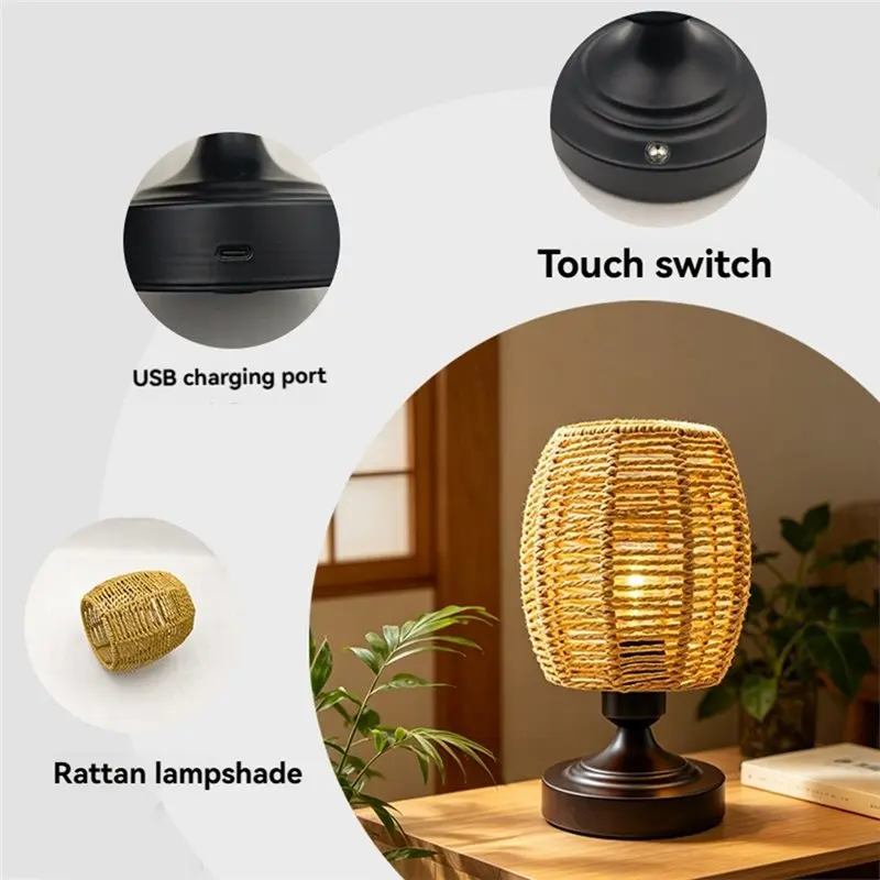 A93Z USB Rechargeable Paper Rope Lampshade Table Lamps Stepless Design For Patio, Living Room, Bedroom