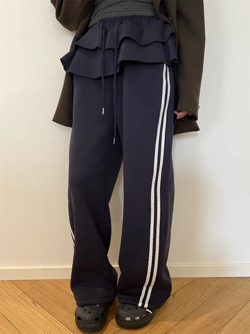 Pantaloni casual a gamba larga foderati in tessuto a righe patchwork retrò Pantaloni lunghi invernali da donna nuovi con taglio dritto