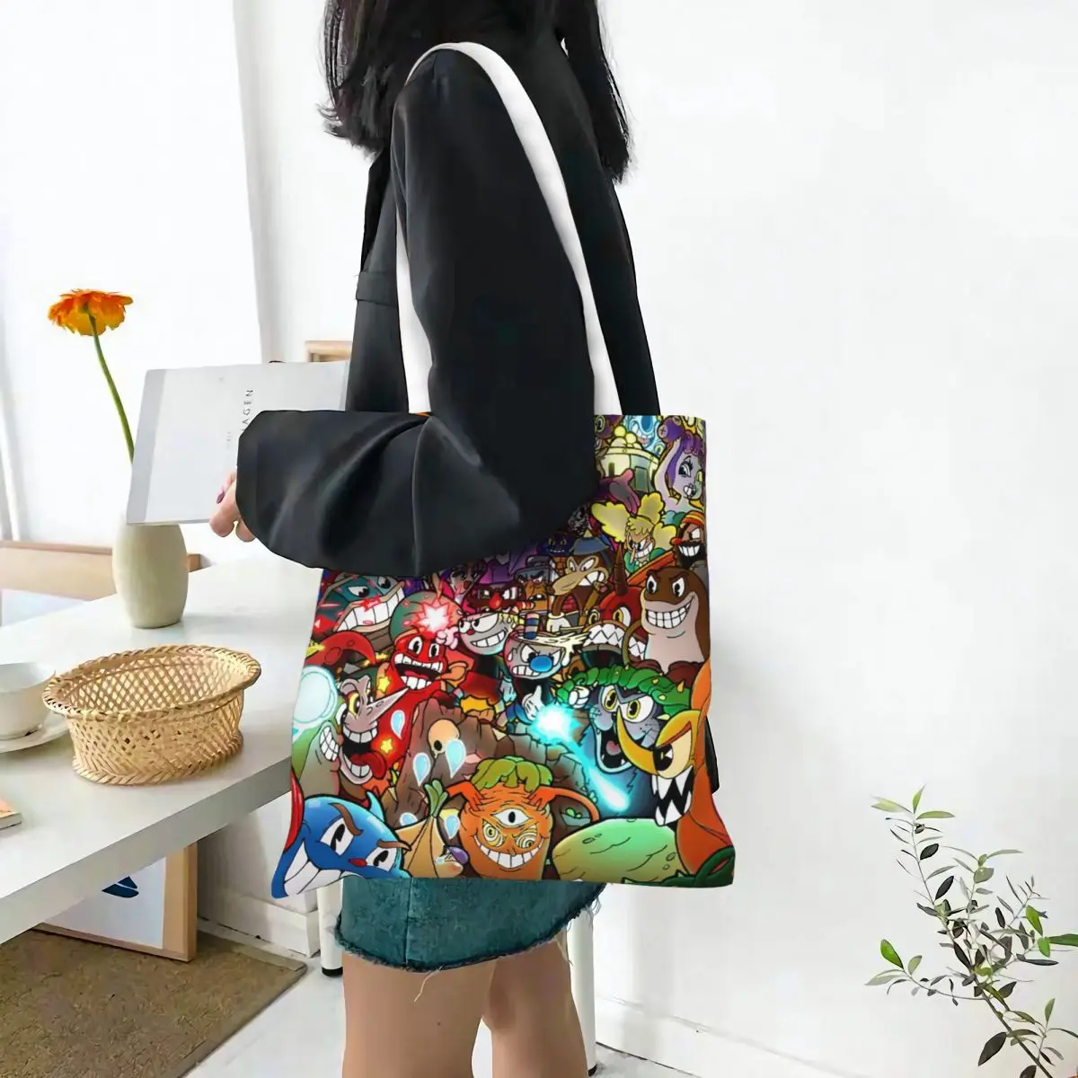 Cuphead Color Game Fans Canvas Tote Bag Reusable Unique Design Fashion Bags for Women Men