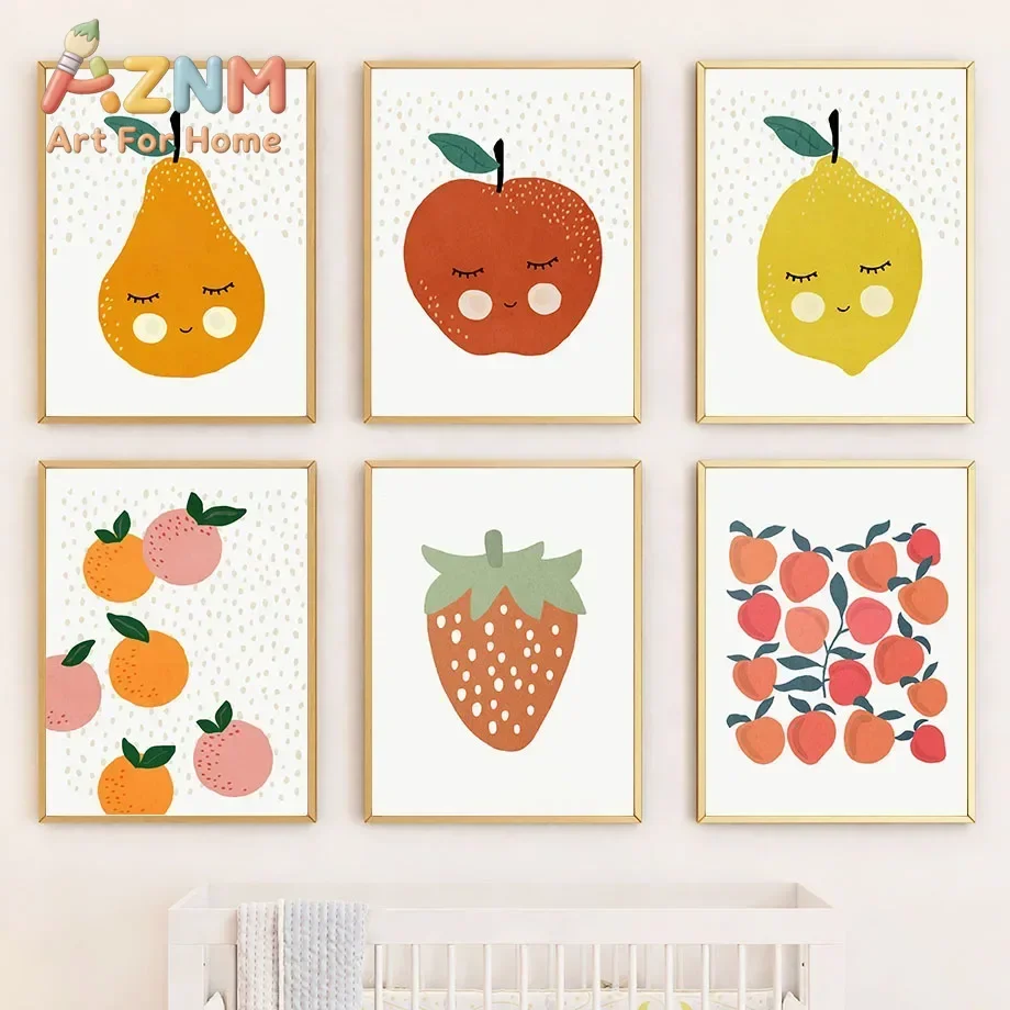Multi-size 1PC frameless high-definition decorative paintings,Colorful Fruits Apple Pear Lemon Strawberry Flower Wall Art Canvas