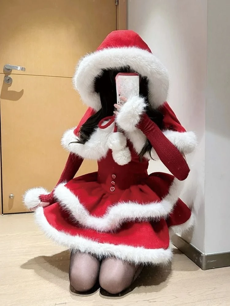 겨울 달콤한 로리타 크리스마스 드레스 세트 여성용 귀여운 숏 케이프 + 슬림 플러피 드레스 새로운 귀여운 산타 스타일 파티 의상