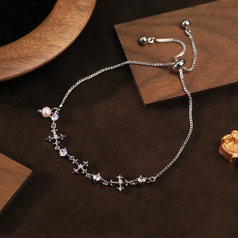 Natural Freshwater Pearl Cross Pull-String Adjustable Bracelet for Women Daily Wear Office Dainty Pearl Bracelet Fashion Jewelry