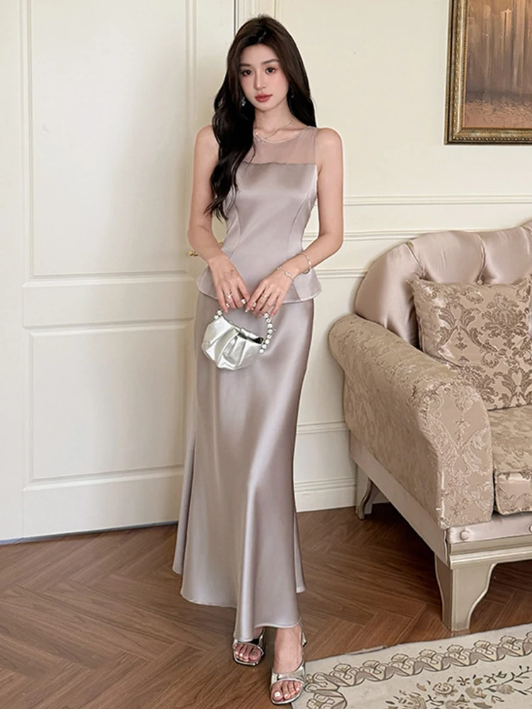 

Женская одежда Серебристый атлас Элегантный наряд Сексуальные топы без рукавов Рубашка Блузка и юбка с высокой талией Mujer Тонкий комплект из 2 предметов Лето