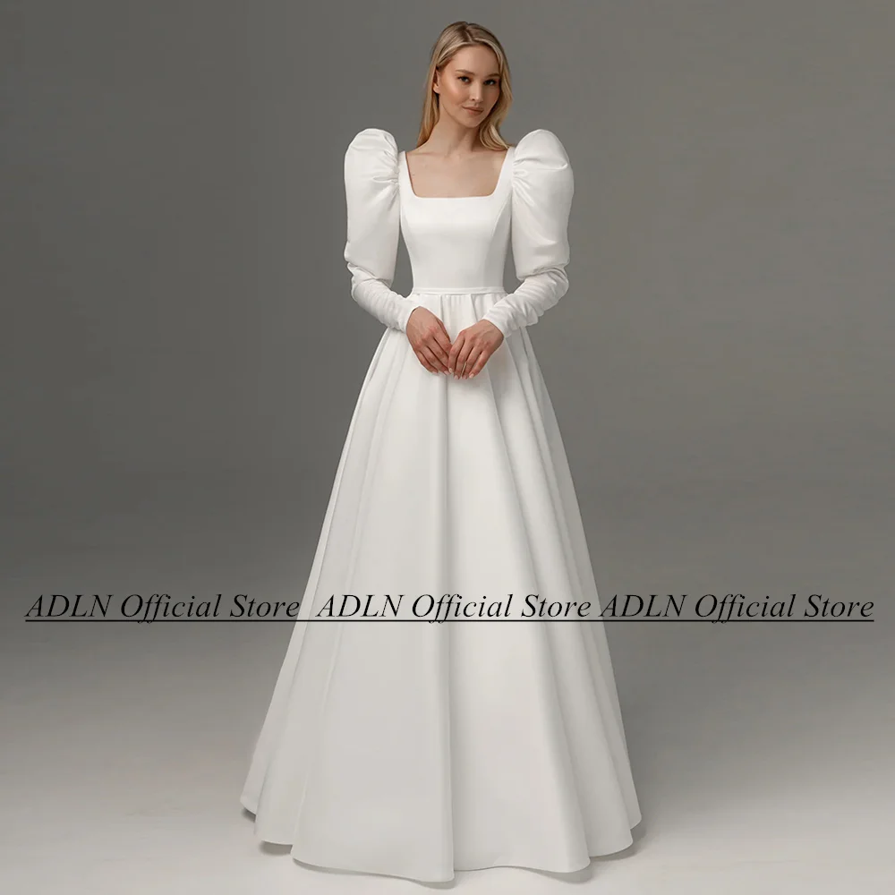 

Wedding Dress A Line Floor Length Satin Bridal Gown Puff Sleeves Square Neck Back Zipper Simple Bride Dresses Robe De Mariee