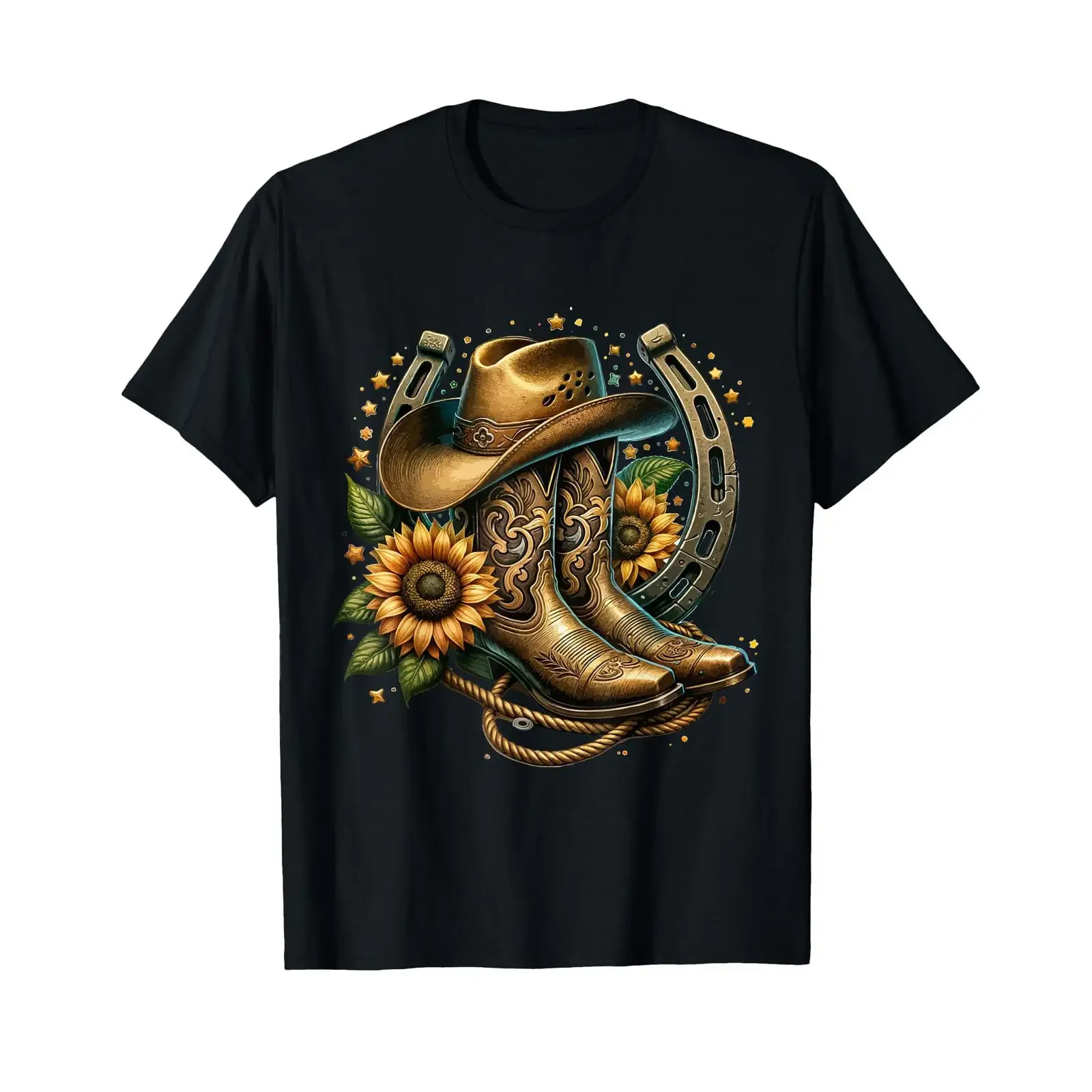 Vintage Rustic Western Country Cowboy Boots Hat Sunflower Horseshoe T Shirt Women's Themed Casual vintage Washed Comfortable