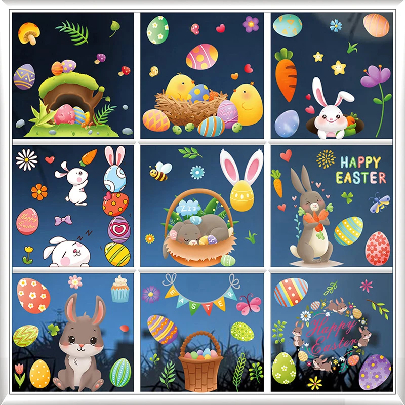 9 Sheets Easter Bunny Egg Electrostatic Stickers Window Glass No Glue Refrigerator Sticker Home Decoration Easter Decals