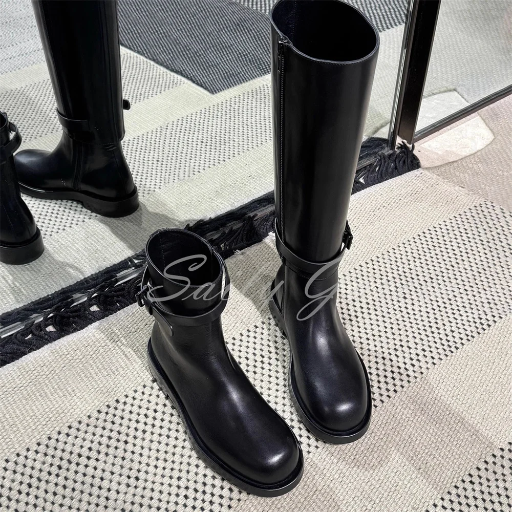 

Detachable Thick Soled Knight Boots for Women Autumn and Winter New Black Leathr Solid Color Zipper Two Wear Knee High Boot