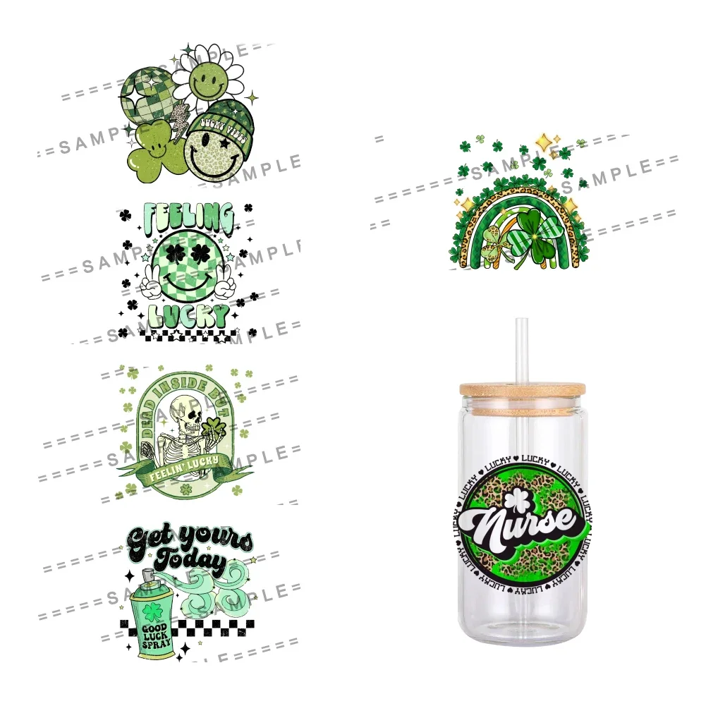 11x12cm Saint Patrick's Day Clover Pattern UV DTF Waterproof Transfers Decals For 16oz Glass Cup Wrap Stickers