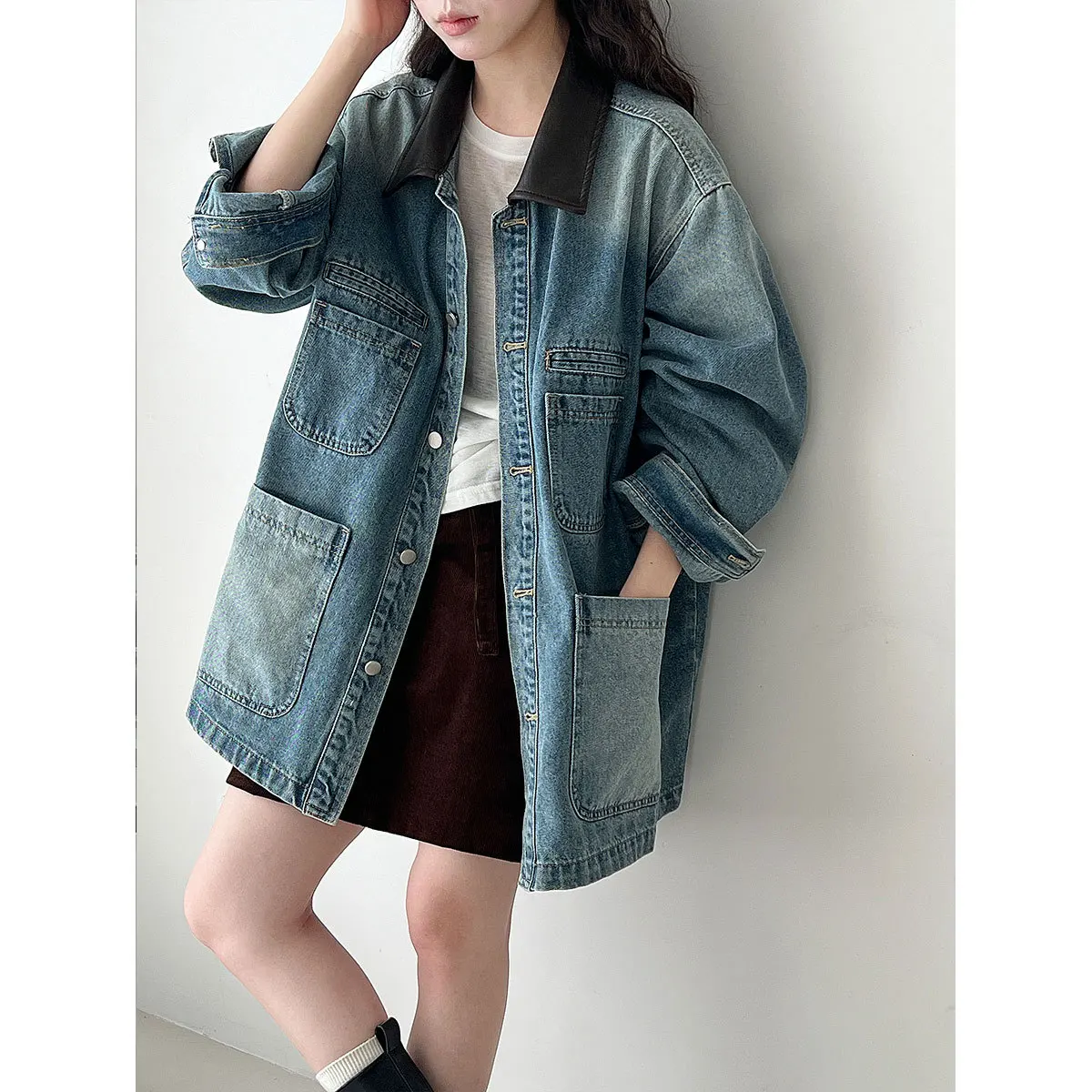 

SuperAen корейский стиль контрастного цвета с воротником-поло потертые джинсовые куртки для женщин осенние новые уличные свободные пальто в стиле ретро