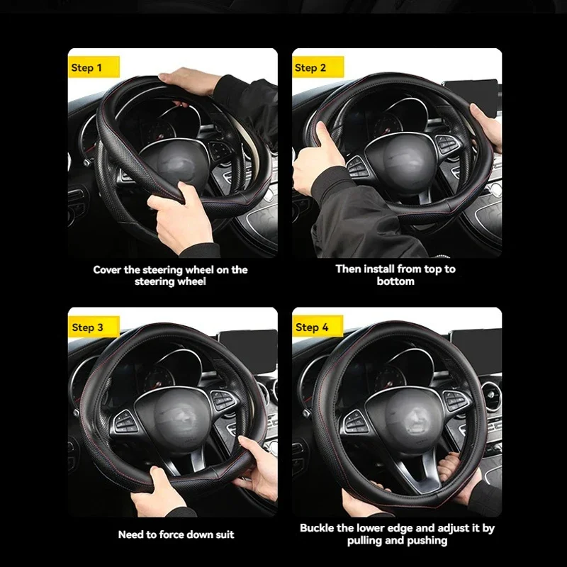 PKQ High-end Cowhide Steering Wheel Cover for 14.5-15 inch Steering Wheel,Real Leather Steering Wheel Cover for Men Women